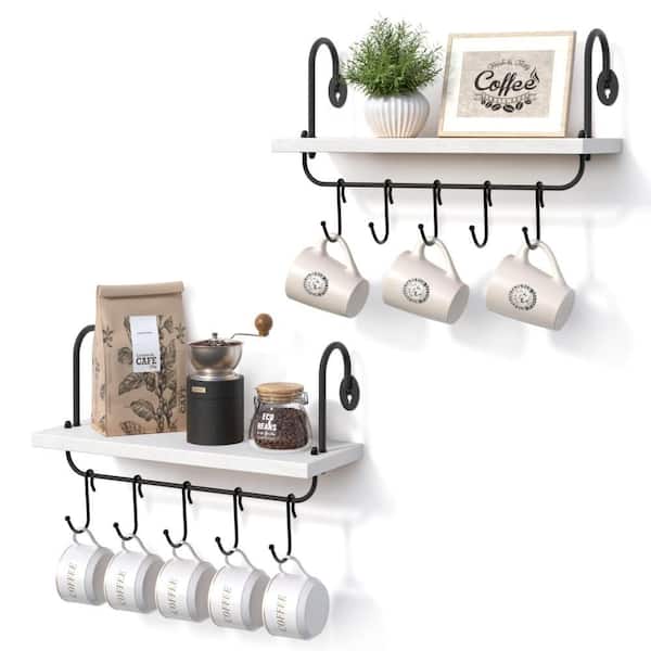 2-Set 17 in. W x 5.9 in. D Floating Wall Shelves with 10 Adjustable Hooks for Coffee Bar Decor, White