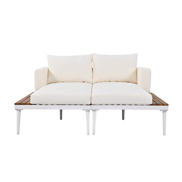 Tenleaf White Metal Outdoor 2 in 1 Padded Day Bed with Beige Cushions, with Wood Topped Side Spaces