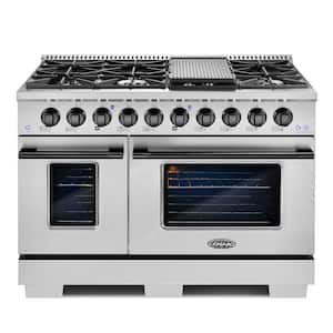 48 in. 5.5 cu. ft. Gas Range with 8 Burners & Cast Iron Grates in Stainless Steel with Black Custom Handle and Knob Kit