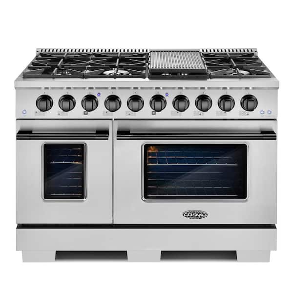 Cosmo 48 in. 5.5 cu. ft. Gas Range with 8 Burners & Cast Iron Grates in Stainless Steel with Black Custom Handle and Knob Kit