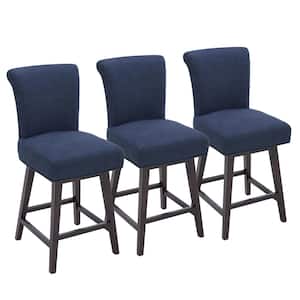 Dennis 26 in. Midnight Blue High Back Solid Wood Frame Swivel Counter Height Bar Stool with Fabric Seat(Set of 3)