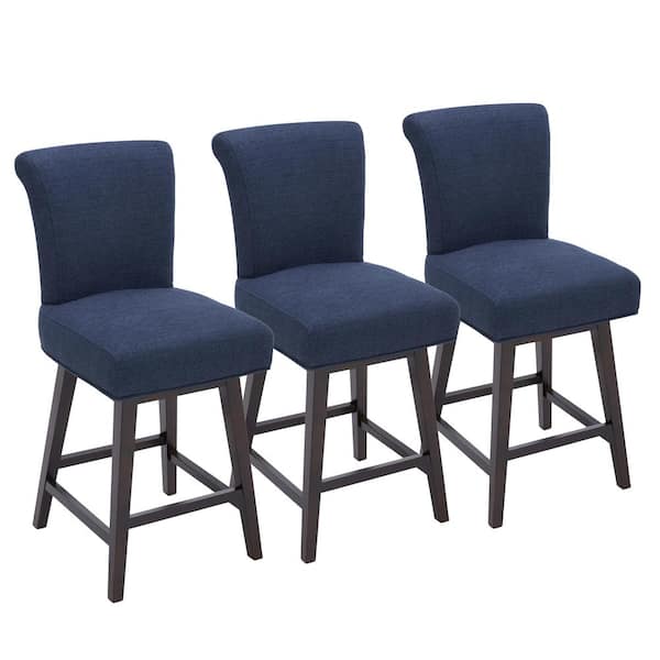 Spruce & Spring Dennis 26 in. Midnight Blue High Back Solid Wood Frame Swivel Counter Height Bar Stool with Fabric Seat(Set of 3)