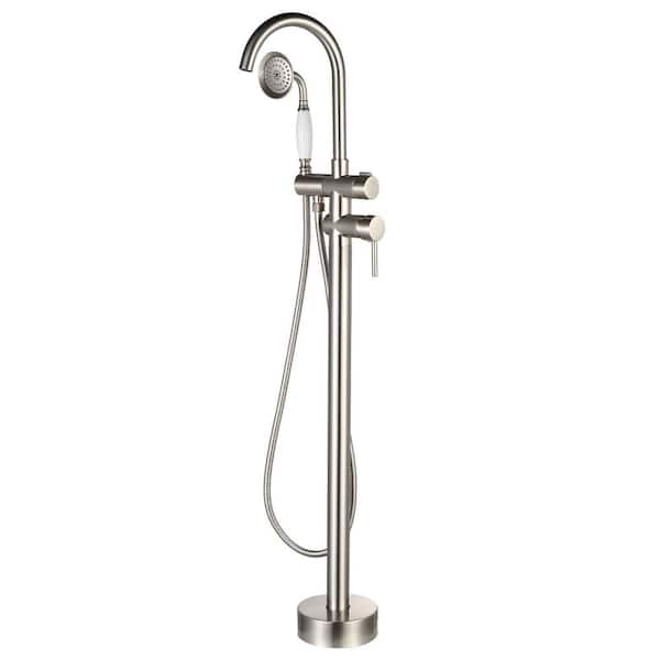 1-Handle Floor Mount Freestanding Tub Faucet Bathtub Filler with Hand Shower in Brushed Nickel