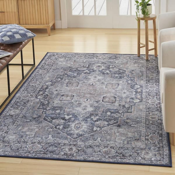 4 ft. x 6 ft. Blue Floral Washable Area Rug