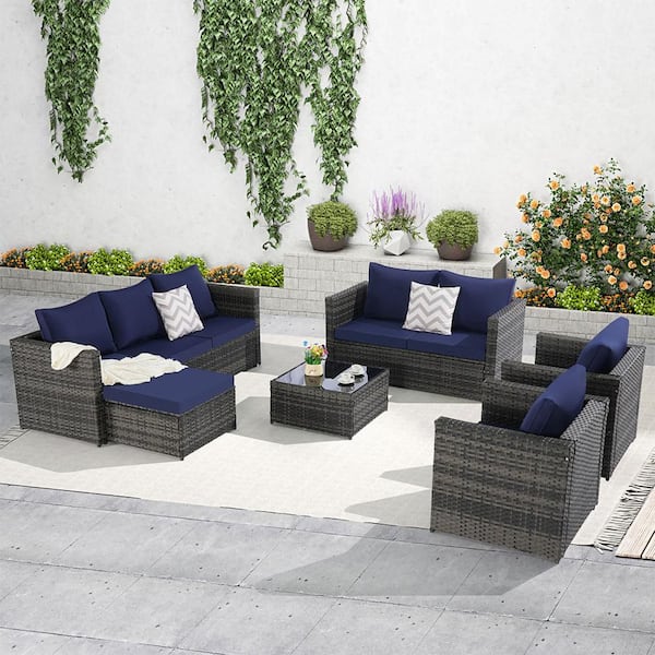 Sudzendf 5-Piece Metal Outdoor Metal All Weather Wicker Rattan Outdoor Sofa Conversation Set with Dark Blue Cushion