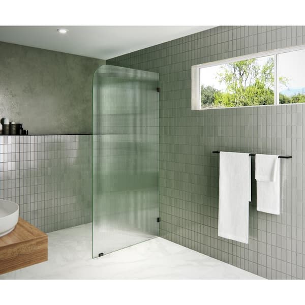 Glass Warehouse 36 in. x 78 in. Fixed Frameless Shower Door Single Panel Fluted Frosted Radius Right Hand in Oil Rubbed Bronze