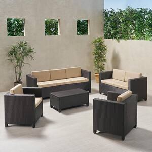 Puerta Dark Brown 5-Piece Metal Patio Conversation Seating Set with Beige Cushions