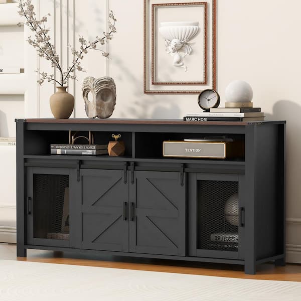 Farmhouse 59.3 in. Black Wood Sideboard Buffet with Sliding Barn Door and Mesh Panels