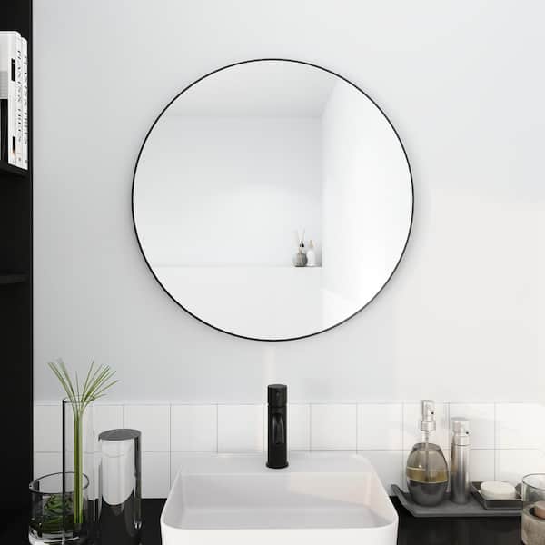 Unbranded 24 in. W x 24 in. H Round Aluminum Framed Wall Bathroom Vanity Mirror in Black