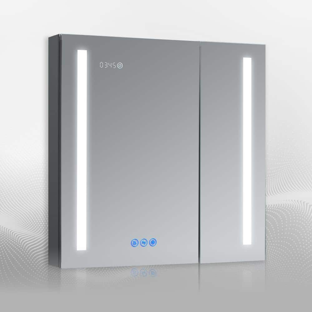 AURA 30 in.W x 30 in.H LED Medicine Cabinet Recessed Surface Clock Dimmer D