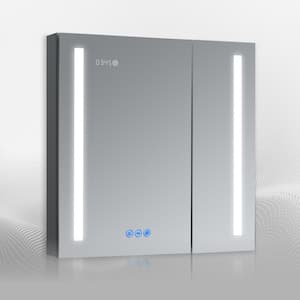 AURA 30 in.W x 30 in.H LED Medicine Cabinet Recessed Surface Clock Dimmer Defogger Cosmetic Mirror Outlet USB