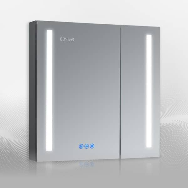 DECADOM AURA 30 in.W x 30 in.H LED Medicine Cabinet Recessed Surface Clock Dimmer Defogger Cosmetic Mirror Outlet USB