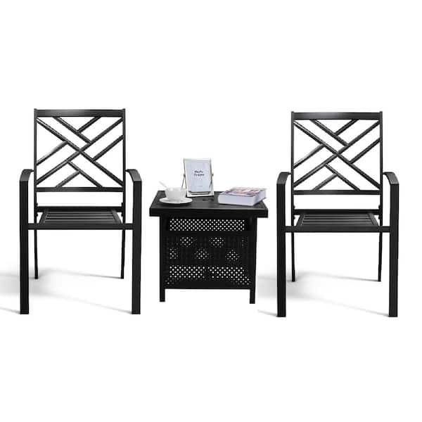Bigroof Black 3-Piece Metal Square Coffee Table with 1.57 in. Umbrella Hole and Stackable Chairs Outdoor Bistro Set
