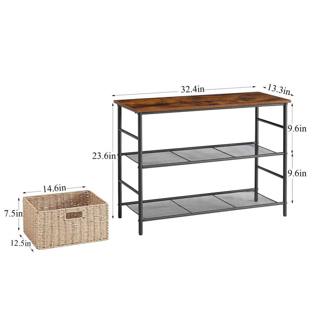 VECELO 32.4" Industrial 3-Tier Console Table with 2 Straw Storage Baskets, Sofa Table with Mesh Shelf for Living Room, Stable Metal Frame for Living Room, Brown