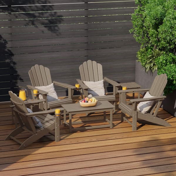 Aderson Weathered Wood 7-Piece All Weather Fade Resistant Outdoor Plastic Adirondack Chair Patio Conversation Lounge Set