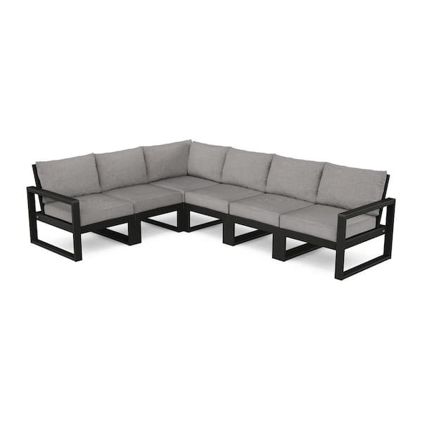 POLYWOOD EDGE 6-Piece Plastic Outdoor Deep Seating Sectional Set with Grey Mist Cushions