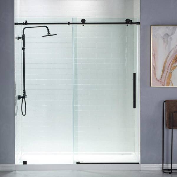 Woodbridge Yarmouth 56 In To 60 X 76 Frameless Sliding Shower Door With Shatter Retention Glass Matte Black Hsd3618 The Home Depot X 76 In Frameless Sliding Shower Door, Shower Stall Glass Doors Home Depot