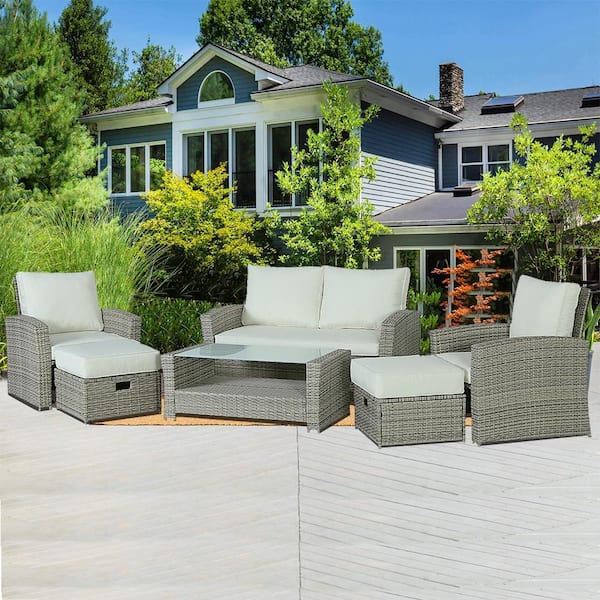 Cesicia Grey 6-Piece Wicker Outdoor Sectional Set with Beige Cushions