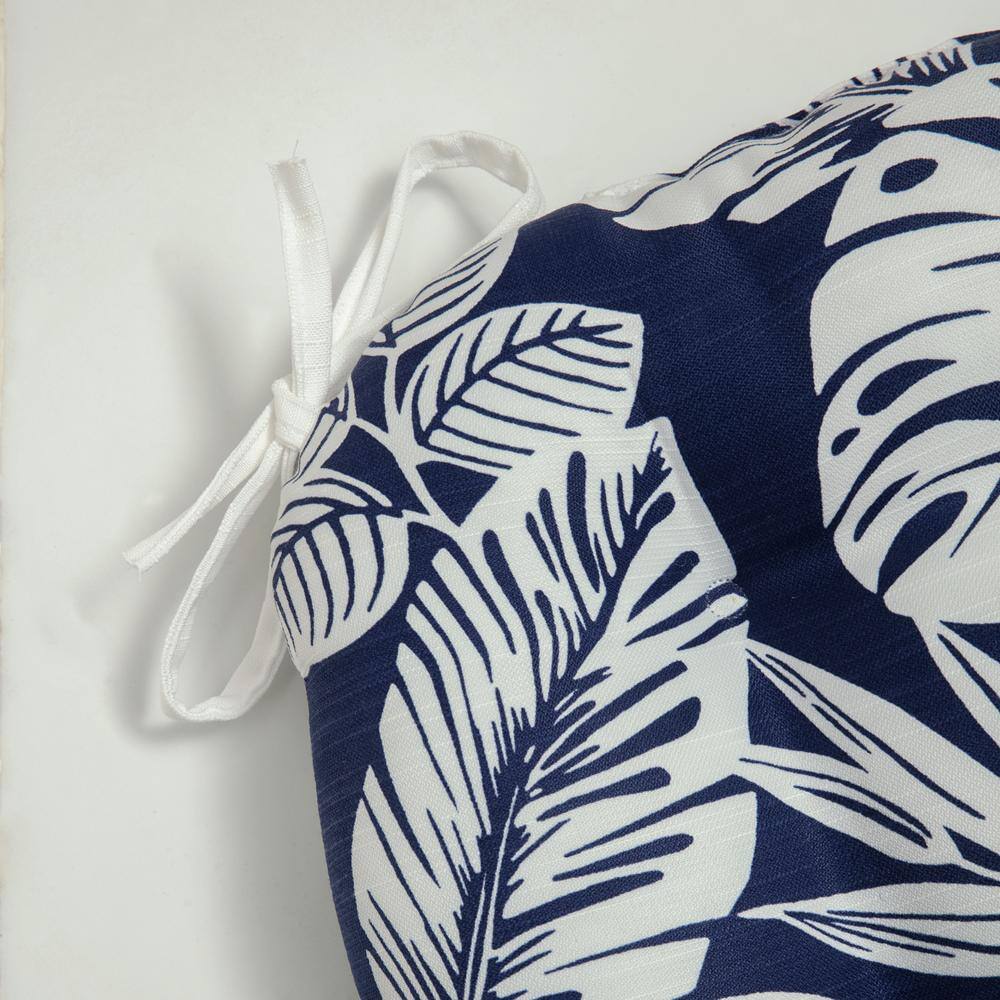 Delray Navy Blue Outdoor Tufted Chairpad Set with White Leaf Pattern