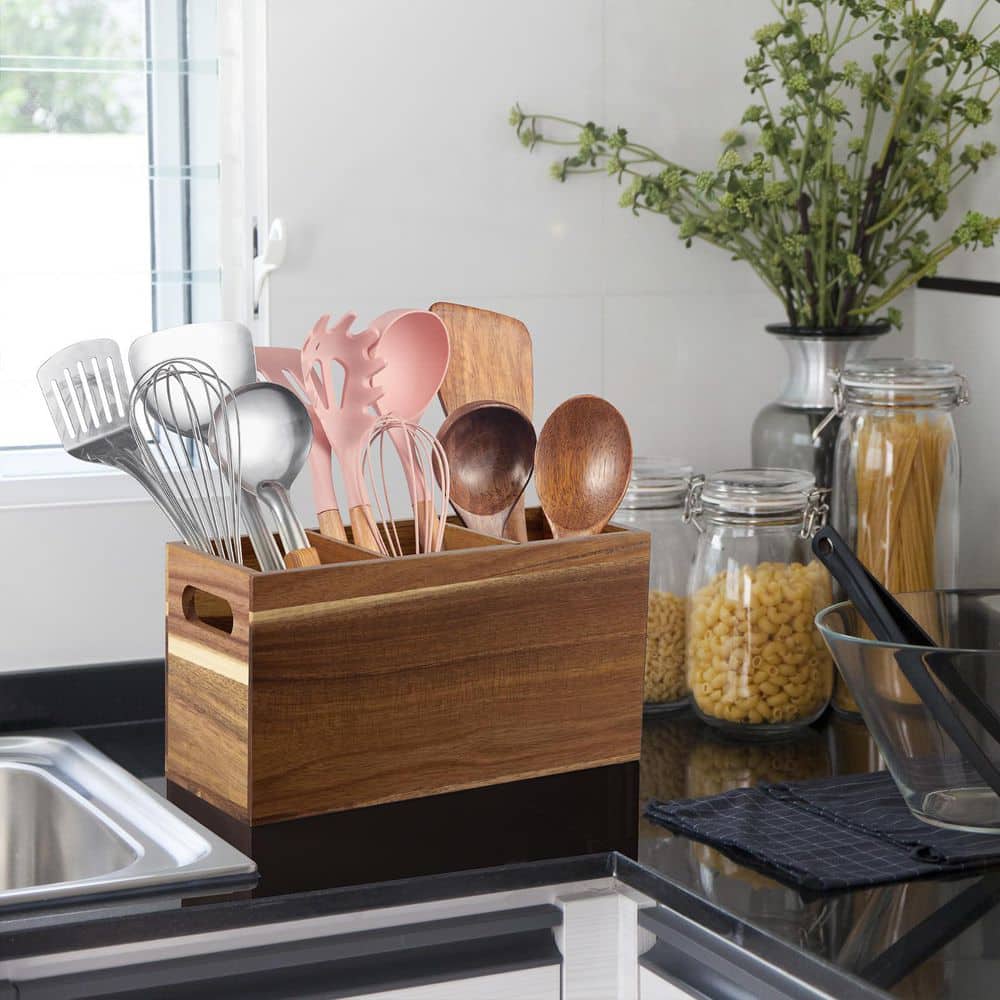 Brown Wooden Utensils Holder Organizer with 3-Compartments for Countertop, Utensil Caddy with Removable Divider price history on PriceWatchPro