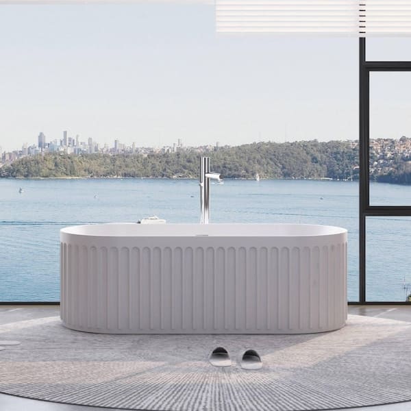 67 in. x 29.5 in. Stone Resin Solid Surface Soaking Bathtub with Center Drain with Overflow and Pop-up Drain in White