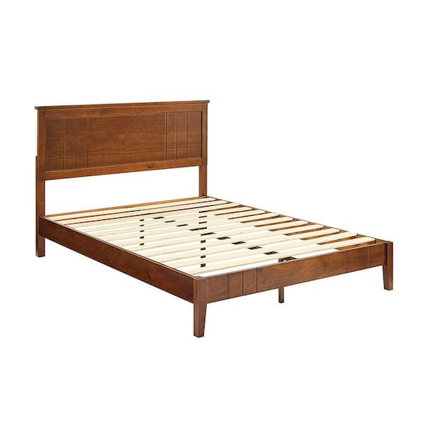 MUSEHOMEINC Walnut Brown Solid Pinewood Frame Queen Size Platform Bed with Headboard