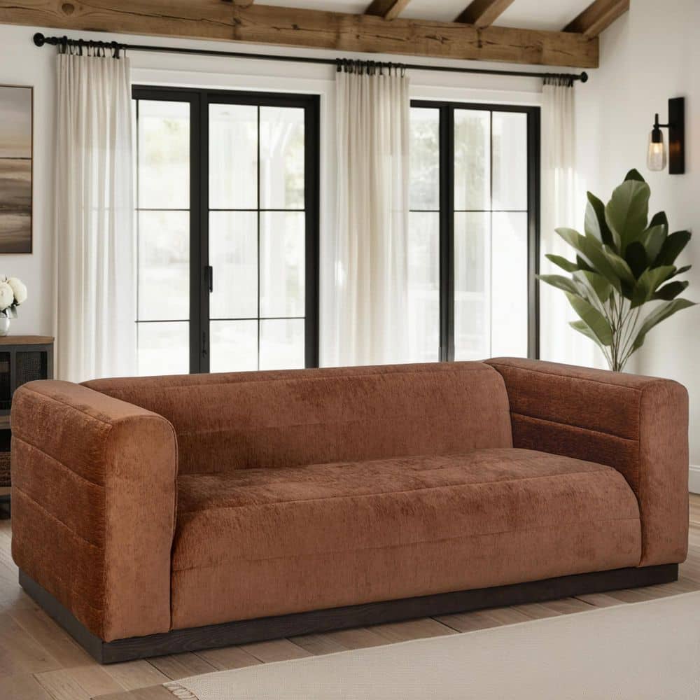 Brea 90.5 in. Square Arm Fabric Rectangle 3-Seater Sofa in. Logan Brown