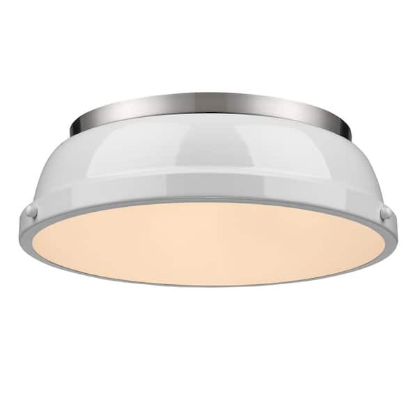 Golden Lighting Duncan 14 in. 2-Light Pewter Flush Mount with Gloss White Shade