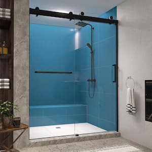 59 in. W x 76 in. H Dual-Sliding Frameless Shower Door in Matte Black with Handle and Clear Glass