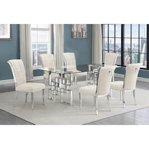 Dominga 7-Piece Rectangular Glass Top Stainless Steel Dining Set With 6 Cream Velvet Fabric Long Back Chrome Chair