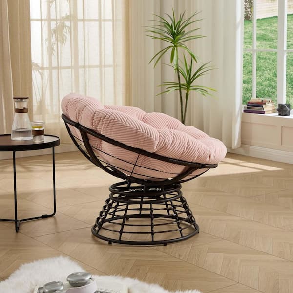 カナデモノ 椅子　Linen Round Lounge Chair - Pink Ergonomic Wicker Papasan Chair Outdoor Rattan Chair 360° Swivel