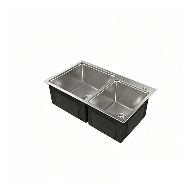 32 in. Drop-In Double Bowl 20-Gauge Stainless Steel Kitchen Sink in Brushed Nickel with Drain, Overmount Handmade Sink