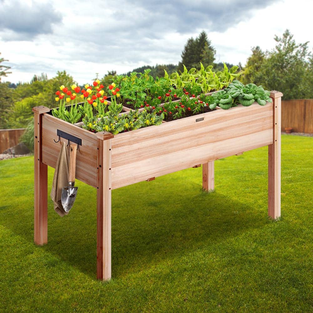 Natural Fir Wood Elevated Garden Bed with Tools and Liner