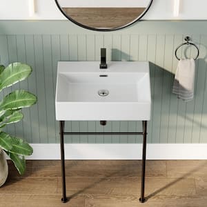 24 in. Ceramic White Rectangular Bathroom Console Sink with Black Legs and Overflow