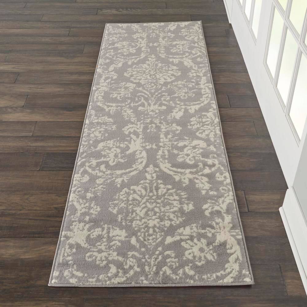 Jubilant Gray and Ivory Damask Runner Rug 2'3" x 7'3"