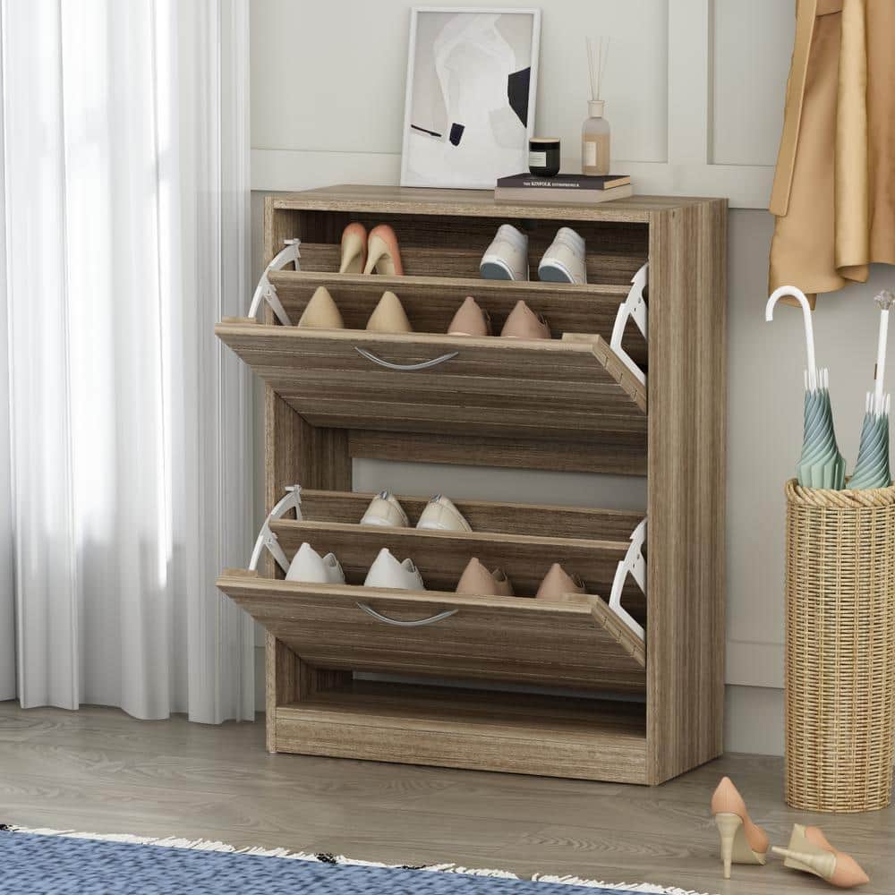 Natural Wood Shoe Storage Cabinet with Louver Doors and Flip Drawers