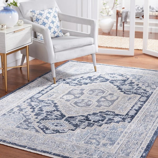 Blair Beige/Navy 4 ft. x 6 ft. Machine Washable Border Floral Area Rug