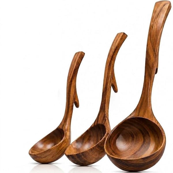 3-Piece Teak Wood Ladle Set with Back Hooks for Pot and Bowl, Non-Stick Spoons for Cooking and Serving