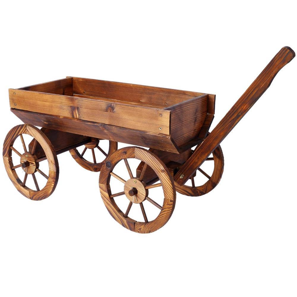 Brown Wood Wagon Flower Planter Pot Stand W/Wheels Home Garden Outdoor Deco
