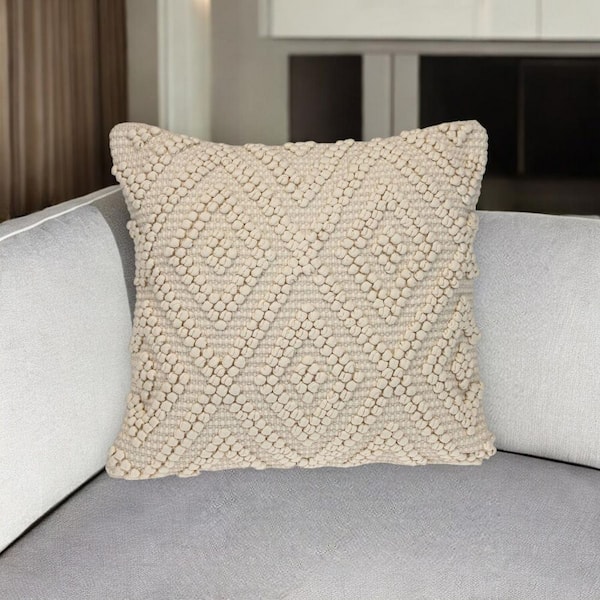 Off White Geometric Polyester 20 in. x 20 in. Throw Pillow