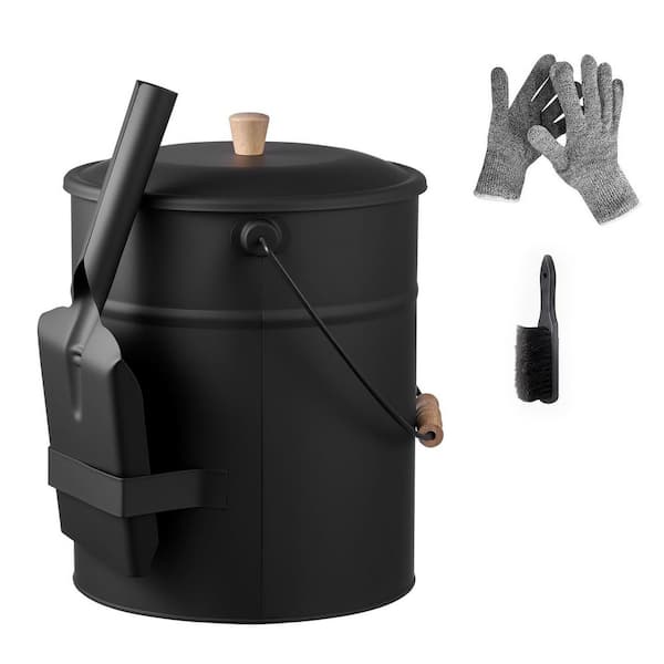 Metal Fireplace Charcoal Bucket and Ash Can, Ash Bucket, 4 PCS with Lid, Shovel, Broom and Gloves, 4 GAL. Large Capacity