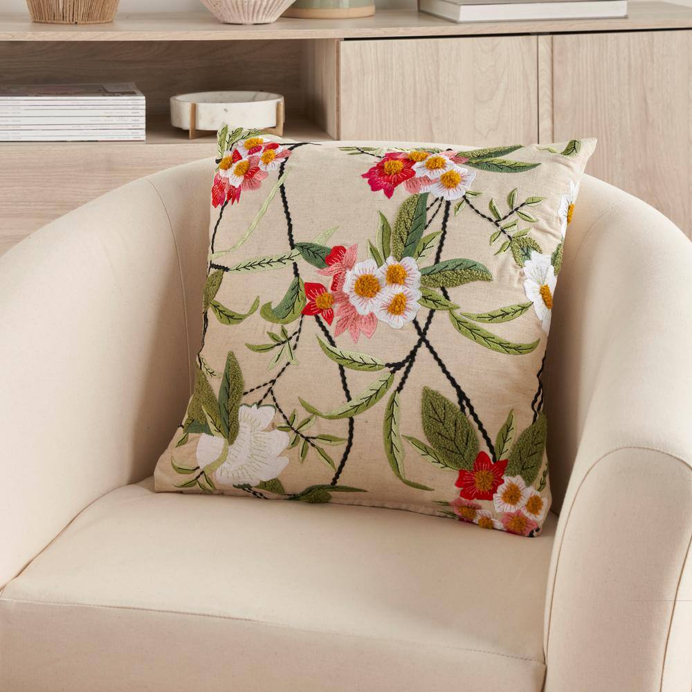 Multicolor Embroidered Cotton Euro Floral Pillow Cover