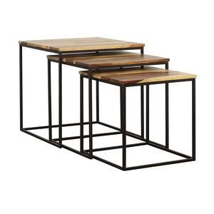3- Piece Natural and Black Square Wood Stackable Nesting Coffee Table Set