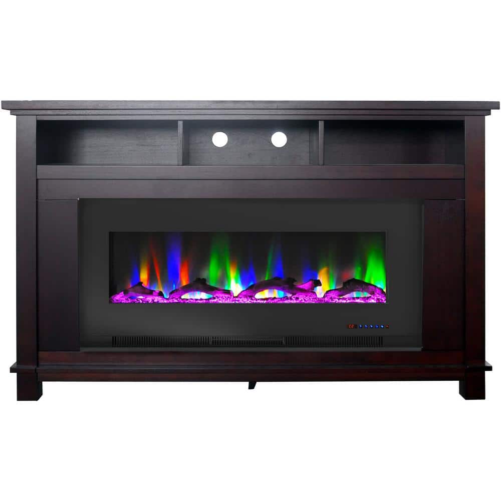 Hanover Winchester 57.8 in. Freestanding Electric Fireplace TV Stand in Mahogany with Driftwood Log Display, Brown