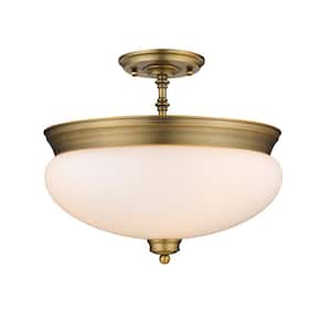 Amon 15 in. 3-Light Heritage Brass Semi-Flush Mount with Matte Opal Shade