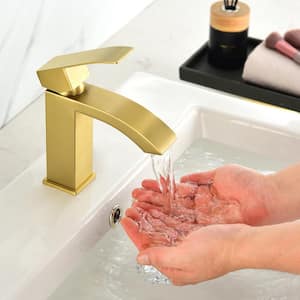 Single-Handle Single Hole Bathroom Faucet with Ceramic Valve, Low Arc Brass Sink Faucets in Brushed Gold