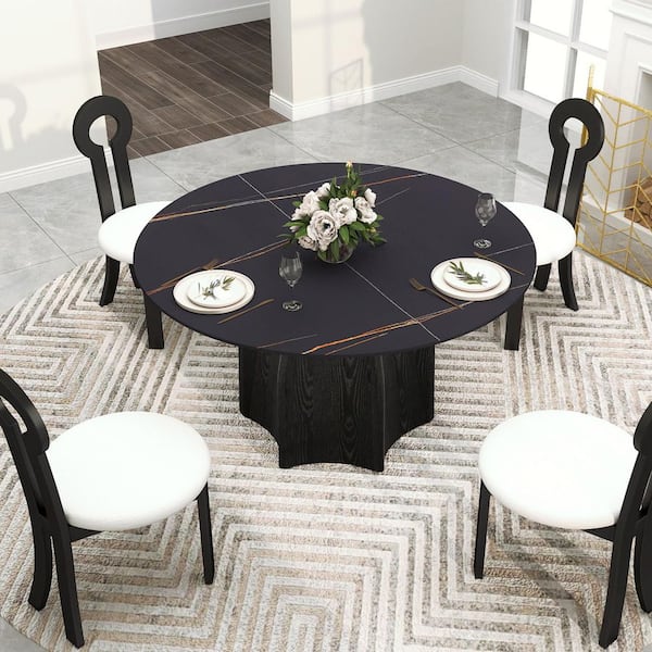 53.15 in. Black Round Sintered Stone Tabletop Black Pedestal Base Kitchen Dining Table (Seats-6)