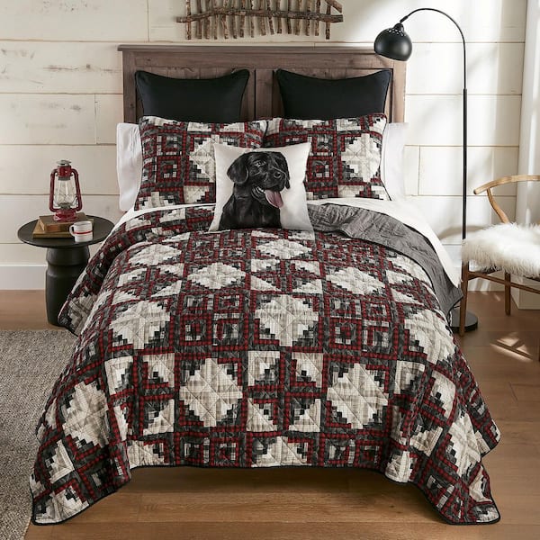 Log Cabin Star 2-Piece Red and Black Cotton Pieced Twin Quilt Set