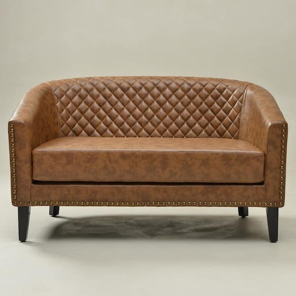 KINWELL Coffee 50 in. Tufted Faux Leather 2-Seater Upholstered Small Loveseat with Nailed Trim