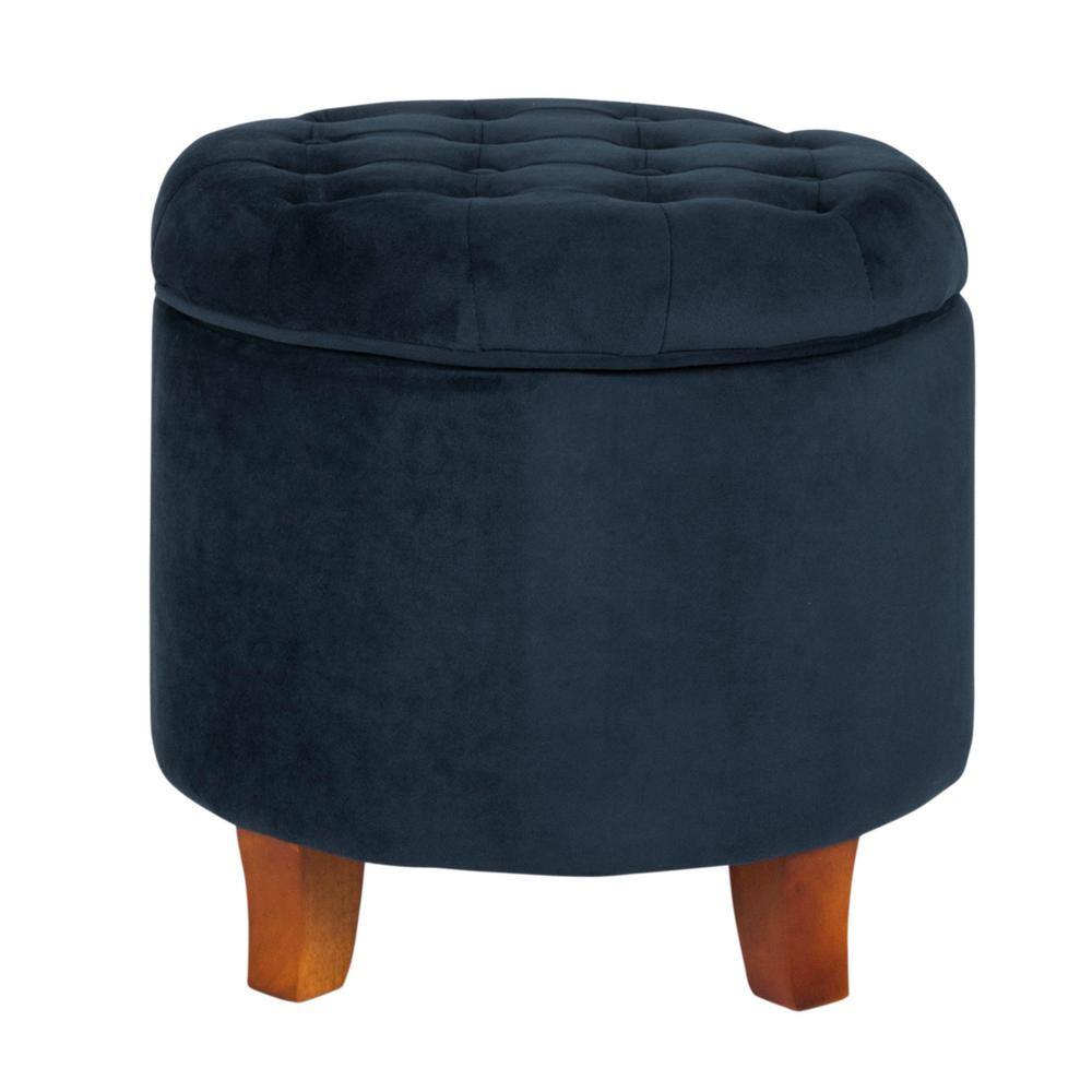 Navy Velvet Round Tufted Ottoman with Rustic Wood Legs